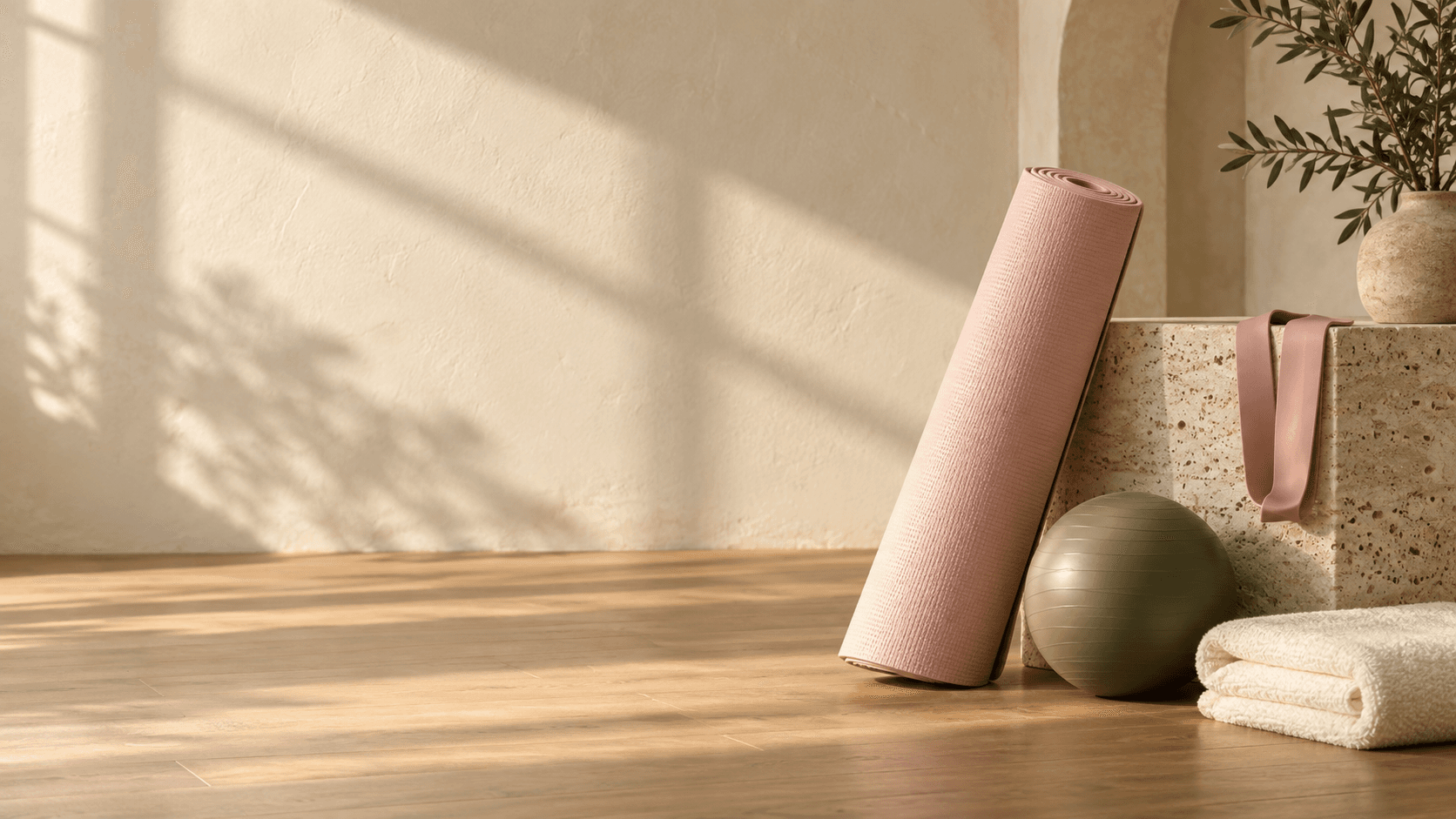 Resistance bands, a pink exercise mat, and training equipment in a sunlit space